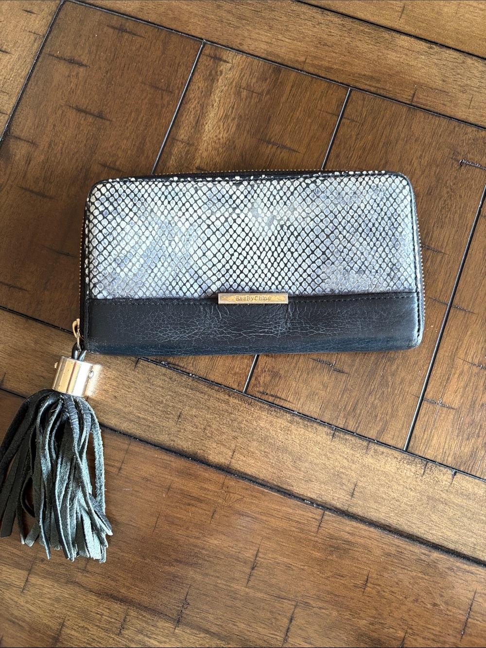 See By Chloe Black & Silver Snake-Print Zip Wallet with Tassel